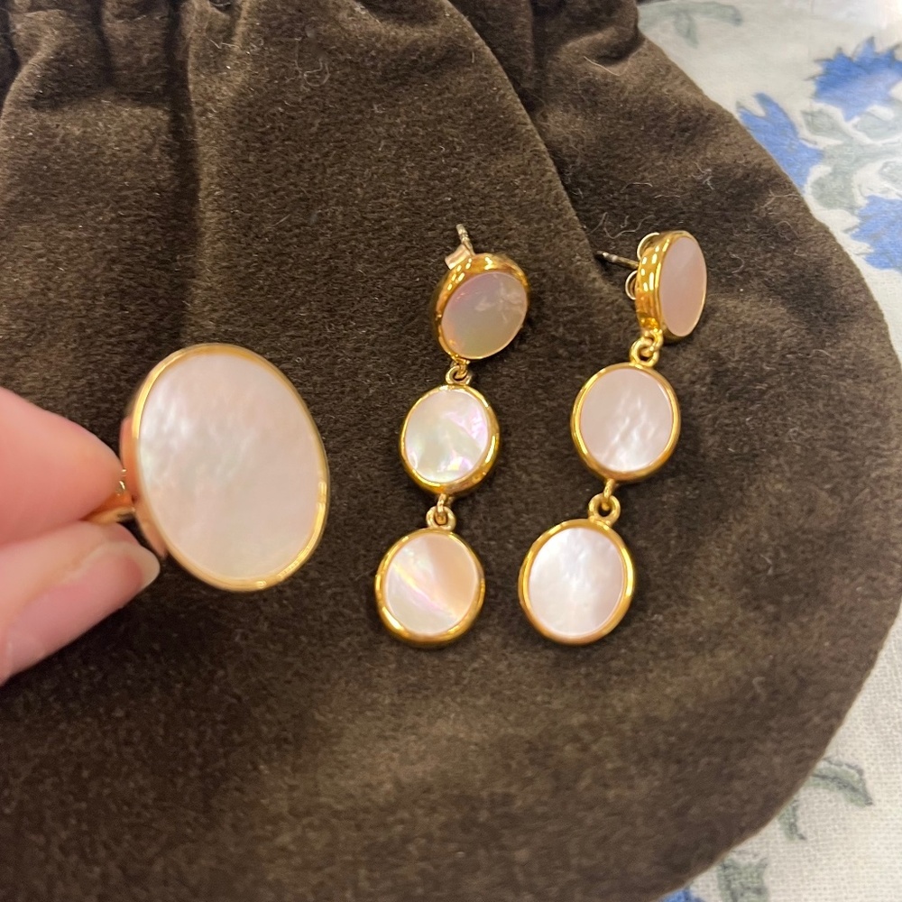 New J.Crew Mother of Pearl & Gold Plated Ring and Earring Set